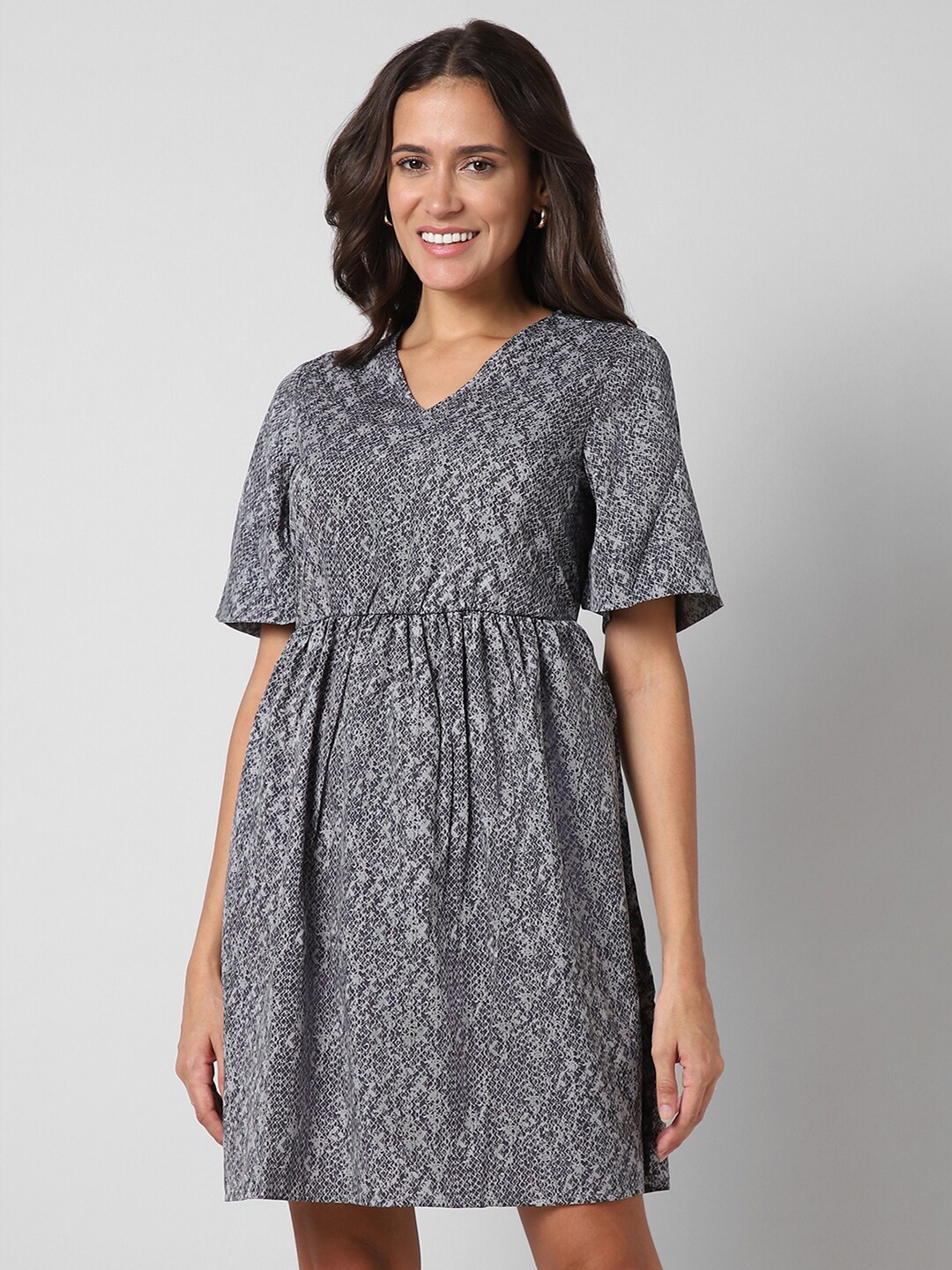 

Pantaloons Abstract Printed Flared Sleeve A-Line Above Knee Length Dress, Grey