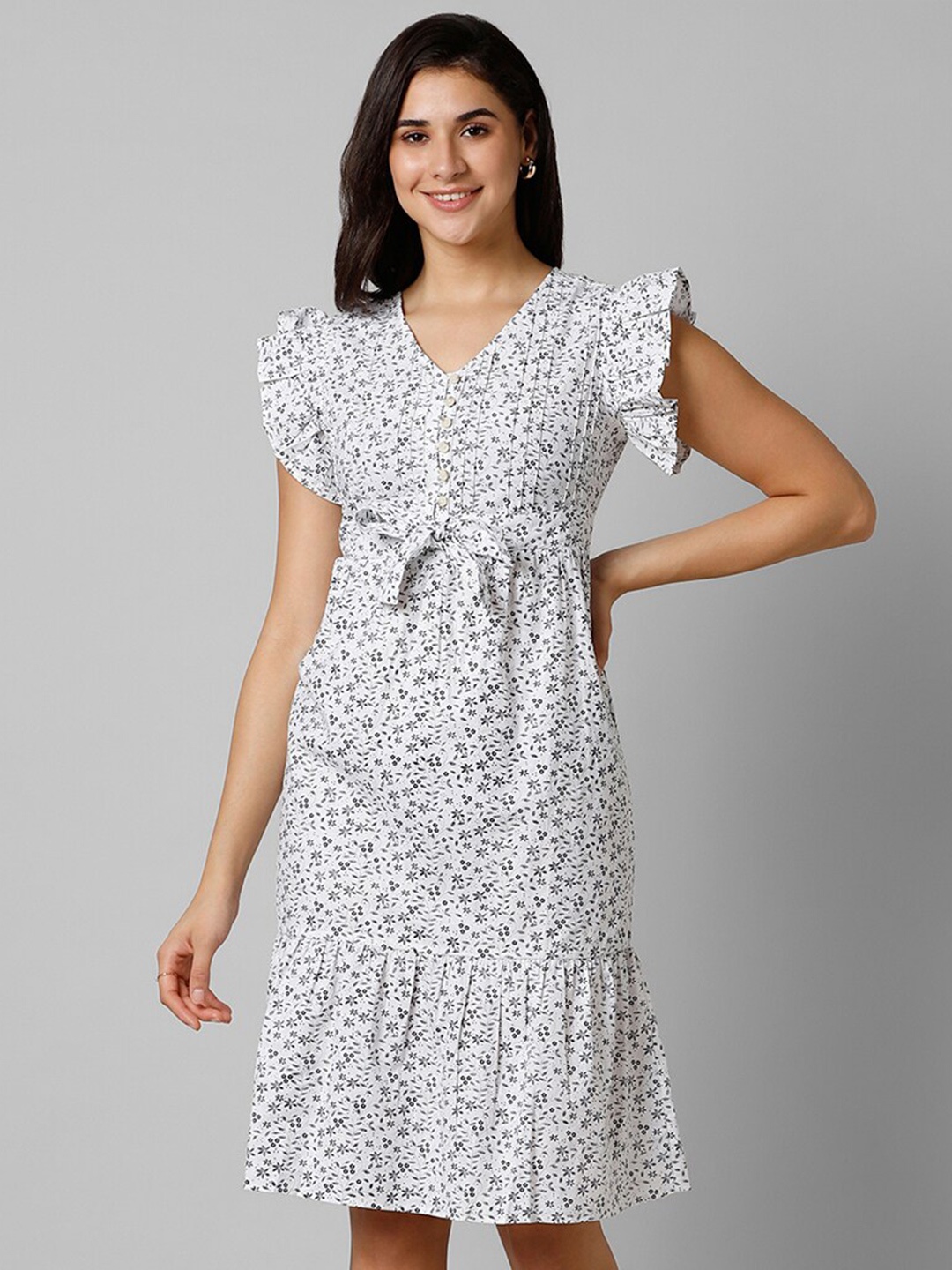 

Pantaloons Floral Printed Flutter Sleeve Bow Detailed Pure Cotton A-Line Dress, White