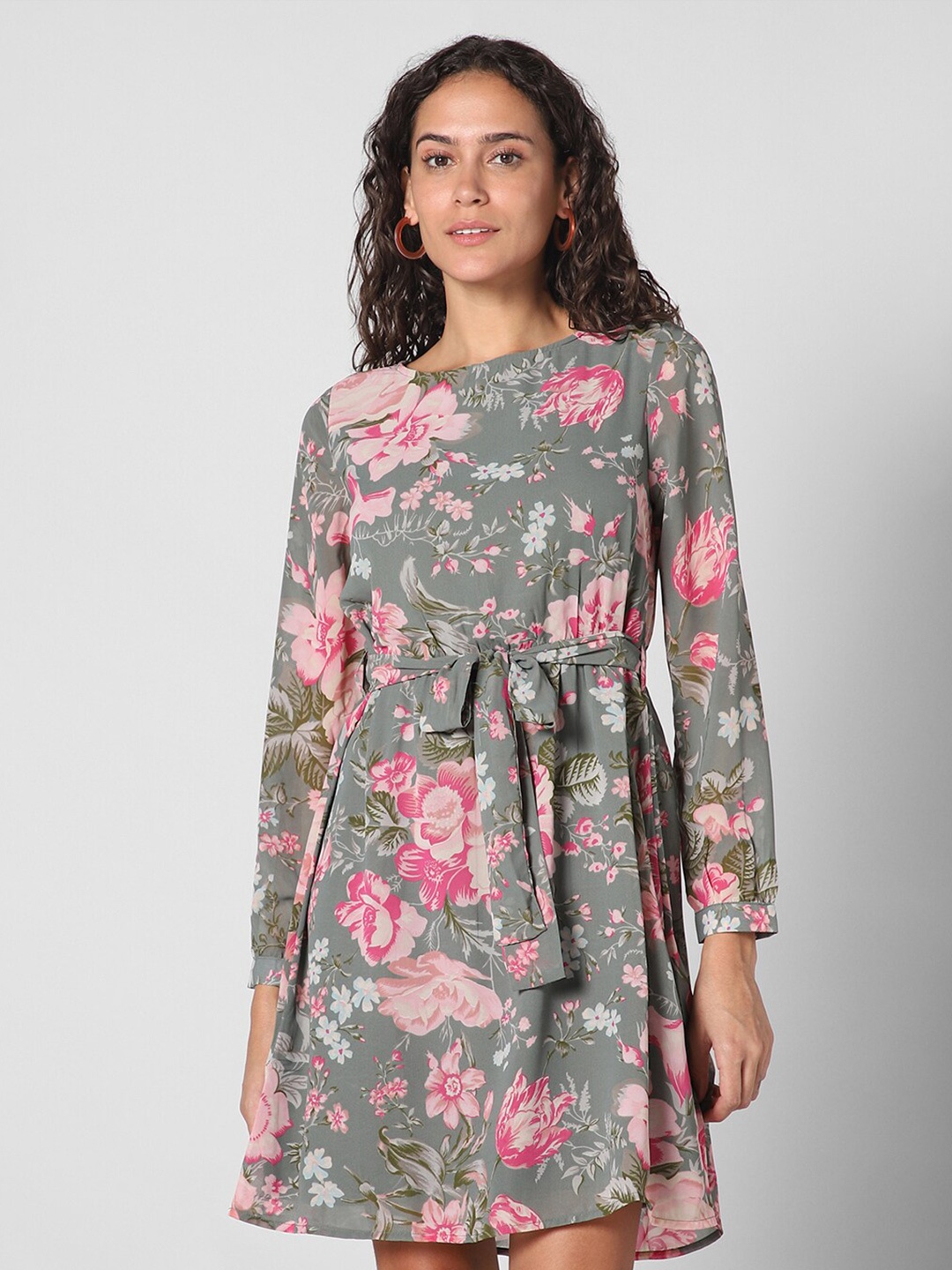 

Pantaloons Floral Printed Puff Sleeves Tie-Ups Fit & Flare Dress, Green