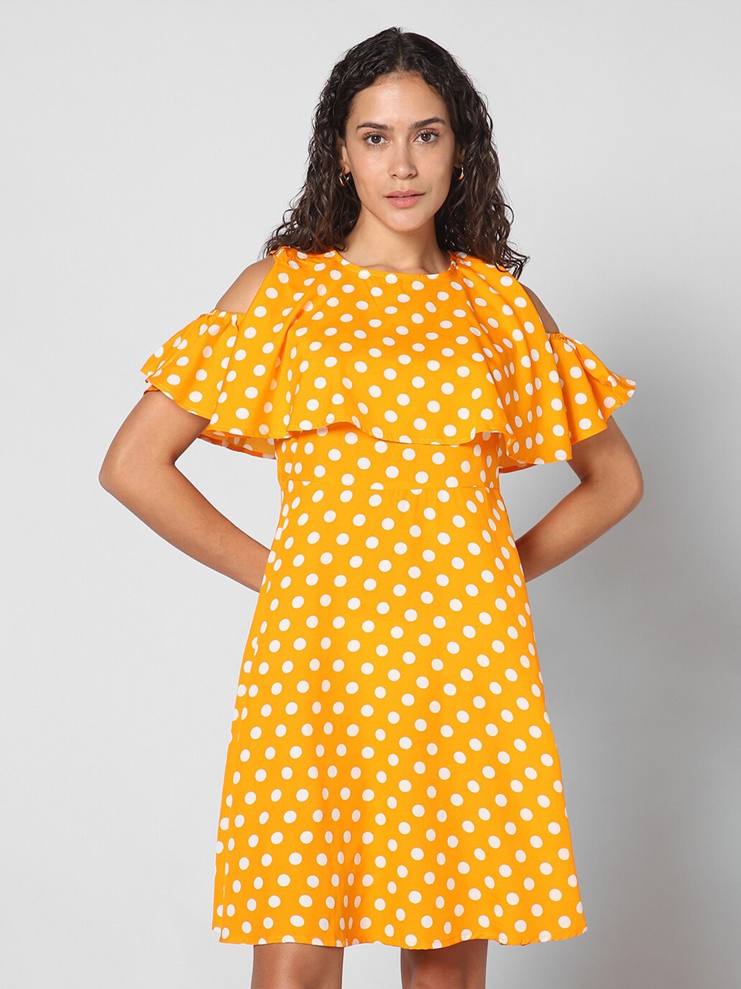 

Pantaloons Geometric Printed Cold-Shoulder Fit & Flare Dress, Yellow