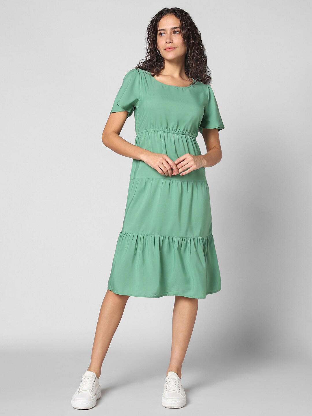 

Pantaloons Round Neck Tiered Fit & Flare Dress, Green