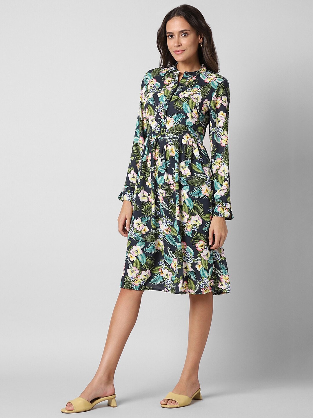 

Pantaloons Floral Printed Mandarin Collar Fit & Flare Dress, Blue