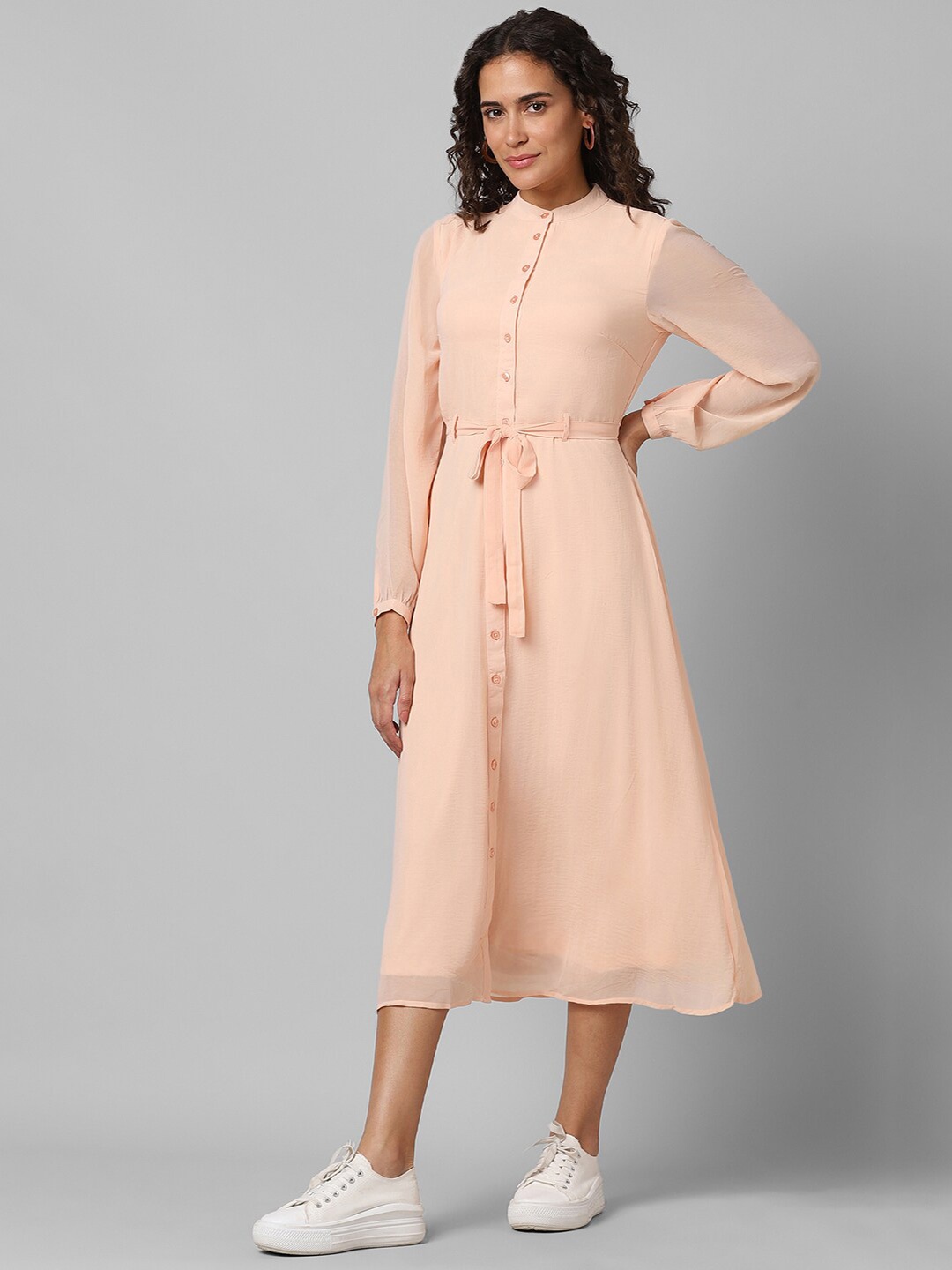 

Pantaloons Mandarin Collar Cuffed Sleeves A-Line Midi Dress, Peach