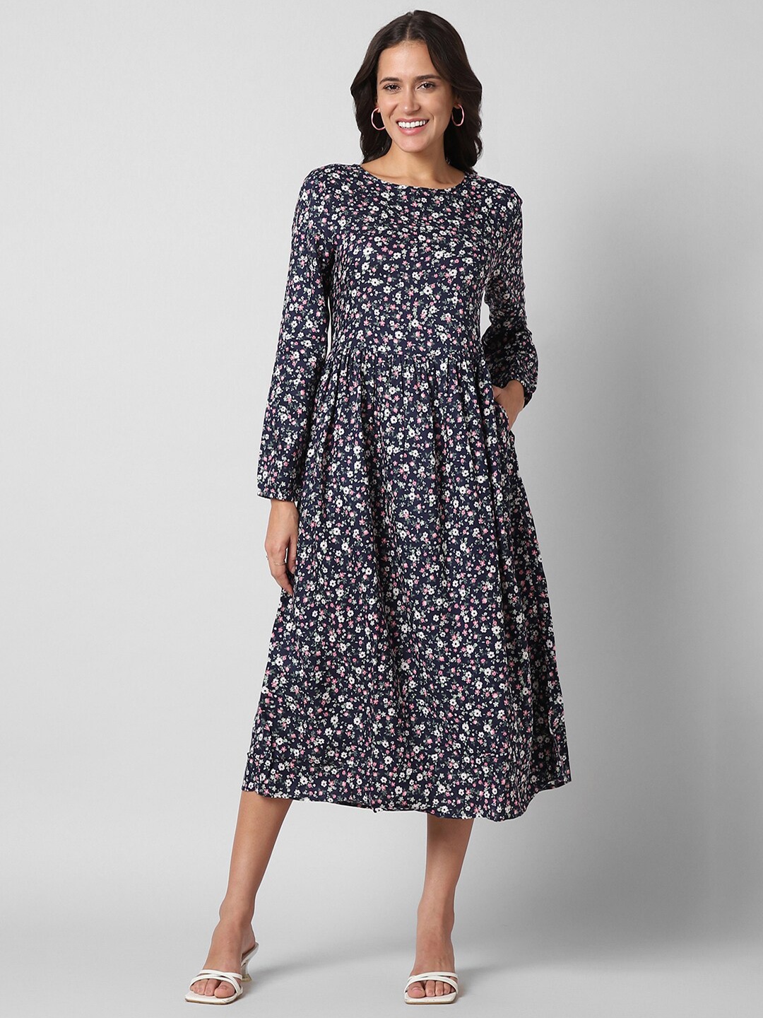 

Pantaloons Floral Printed Fit & Flare Midi Dress, Black