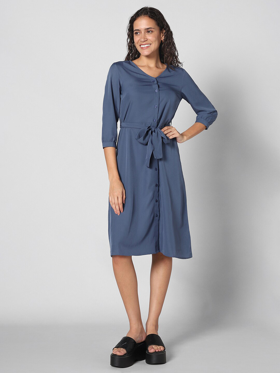 

Pantaloons V-Neck Knee Length A-Line Dress, Blue