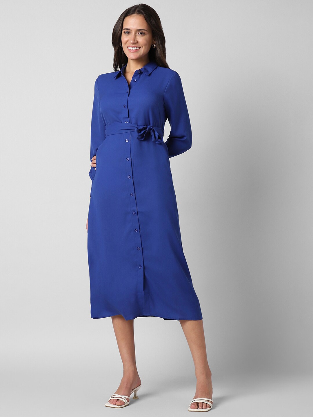 

Pantaloons Cuffed Sleeves Tie-Ups Shirt Midi Dress, Blue