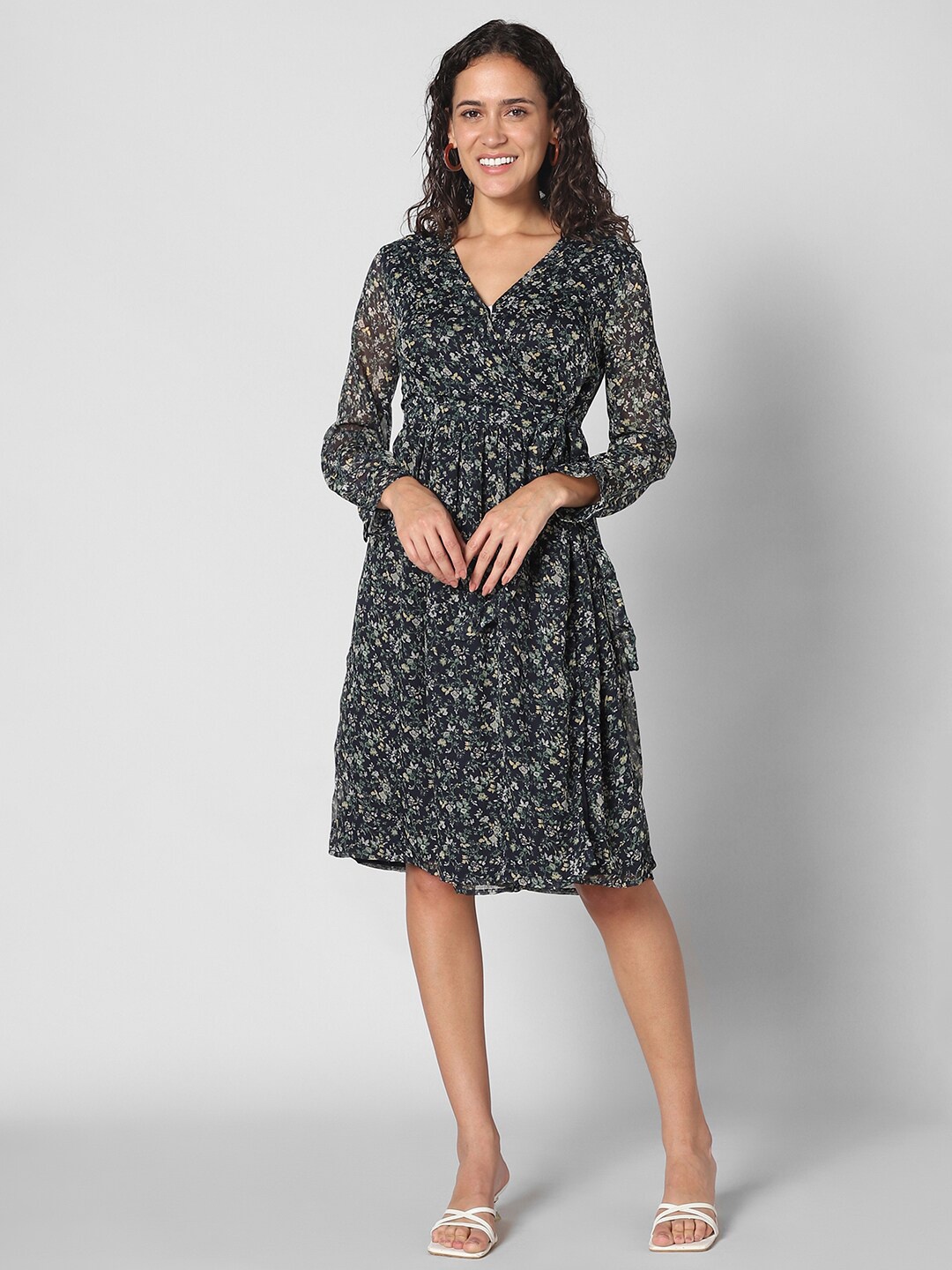 

Pantaloons Floral Printed V-Neck Wrap Dress, Black