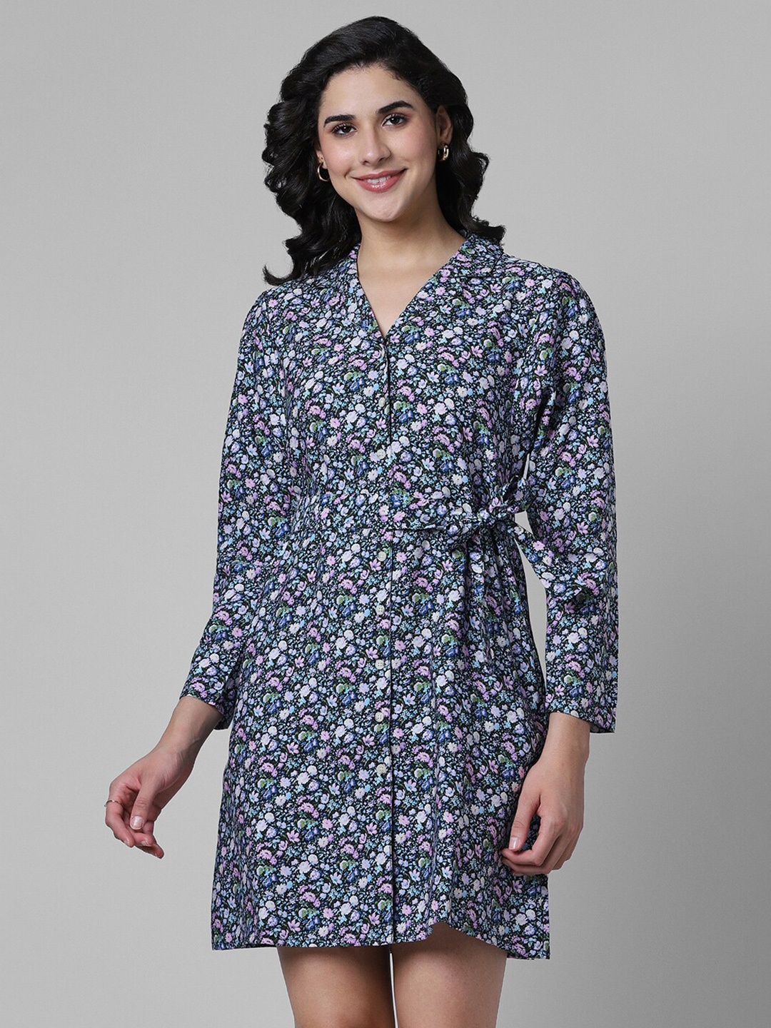 

Pantaloons Floral Printed Shirt Style Above Knee Dress, Black