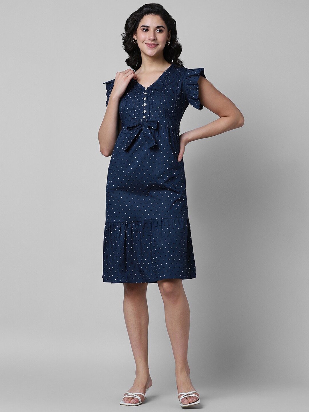 

Pantaloons Polka Dots Printed V-Neck Flutter Sleeves Bow Detail Pure Cotton A-Line Dress, Blue