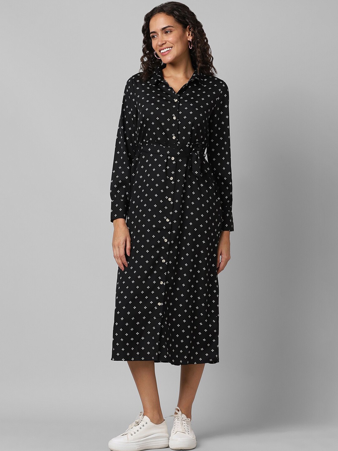 

Pantaloons Floral Printed Tie-Ups Shirt Midi Dress, Black