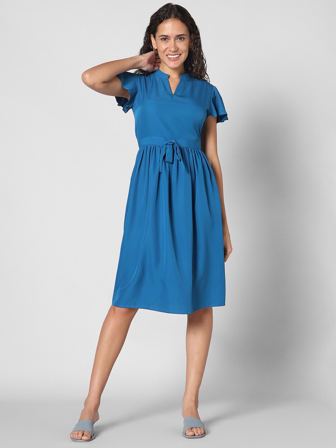 

Pantaloons Mandarin Collar Bell Sleeves Pleated Fit & Flare Dress, Blue