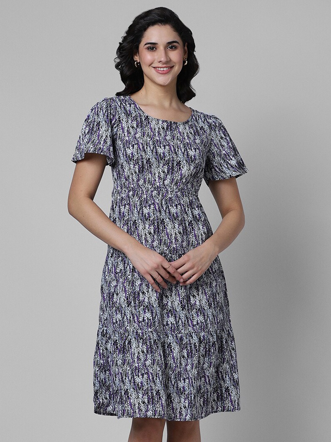 

Pantaloons Abstract Printed Puff Sleeves Fit & Flare Dress, Blue