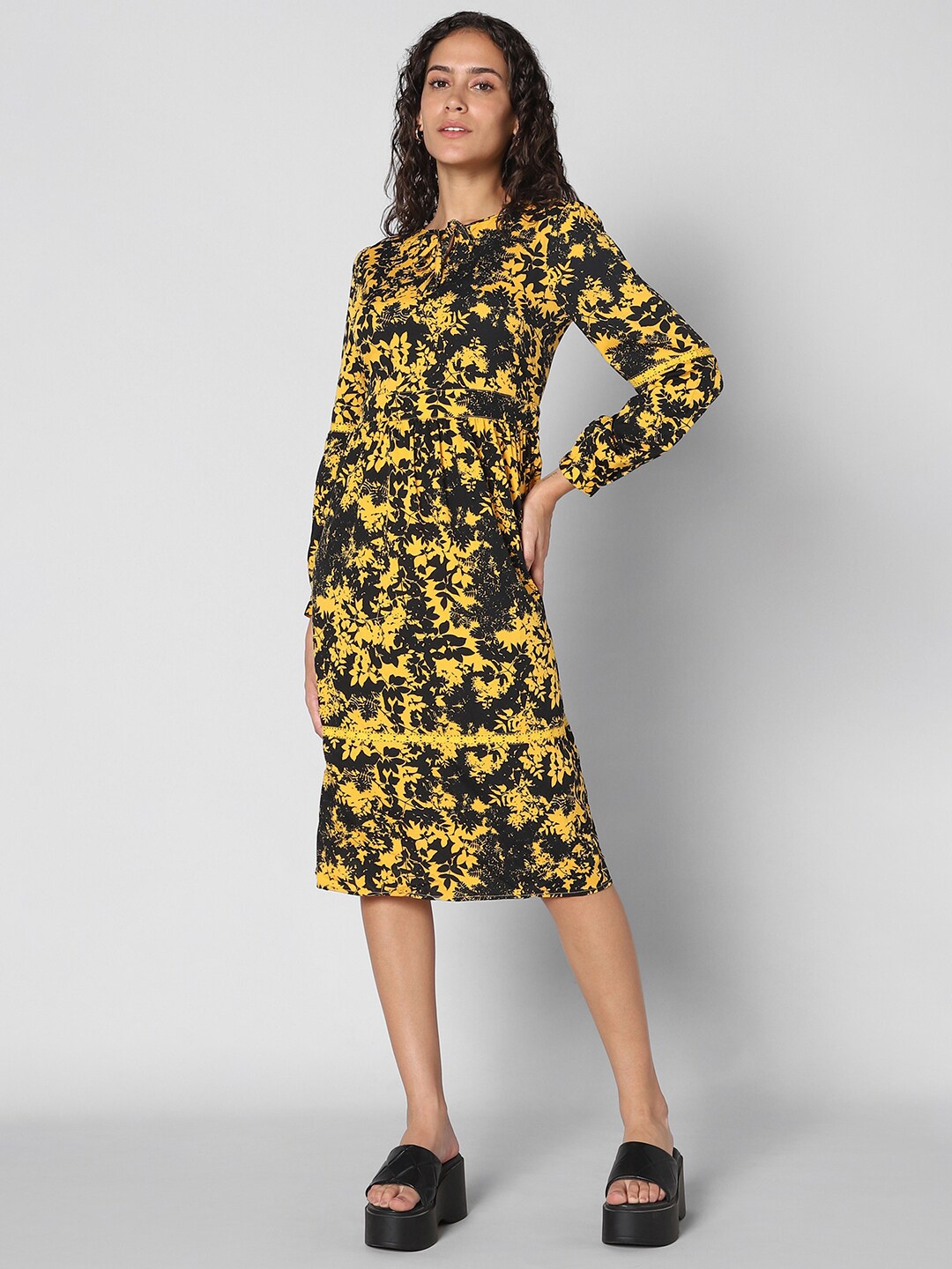 

Pantaloons Floral Printed Keyhole Neck A-Line Dress, Yellow