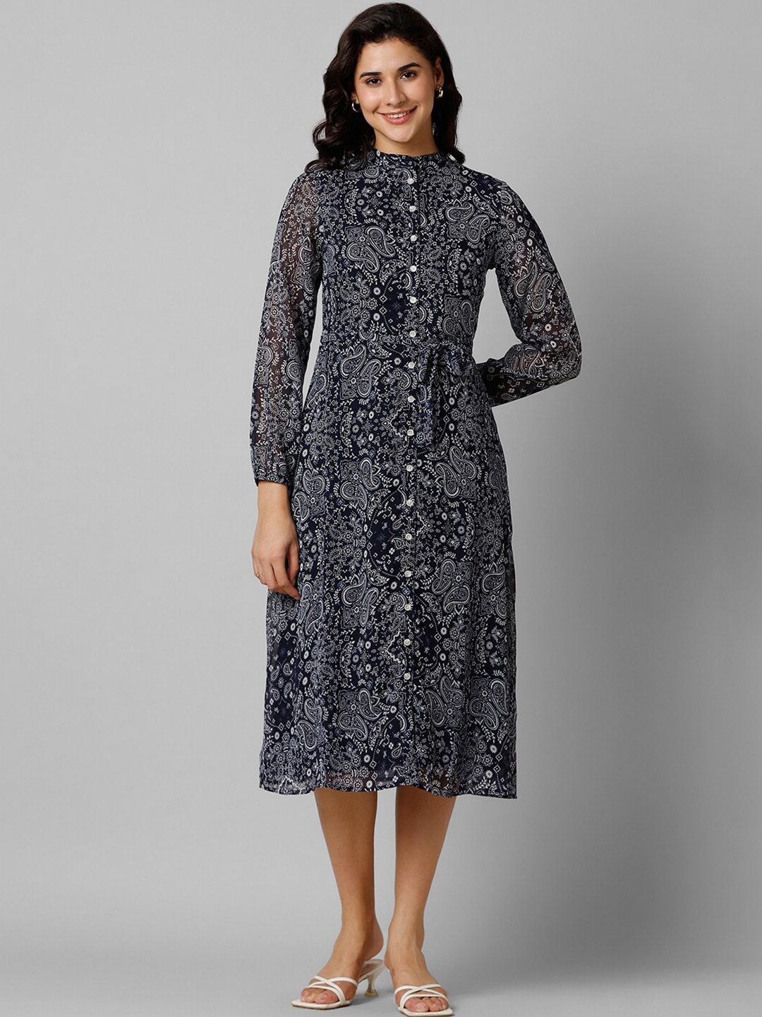 

Pantaloons Floral Printed Puff Sleeve Tie-Ups Fit & Flare Midi Dress, Black