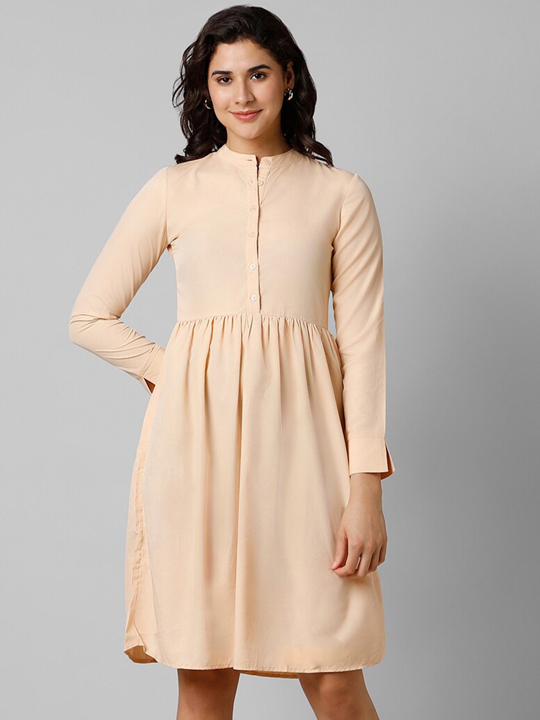 

Pantaloons Mandarin Collar Gathered Fit & Flare Dress, Beige