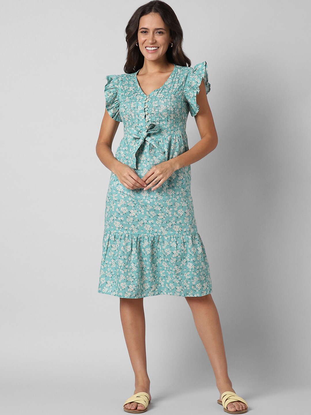 

Pantaloons Floral Printed Flutter Sleeve Pure Cotton A-Line Dress, Turquoise blue