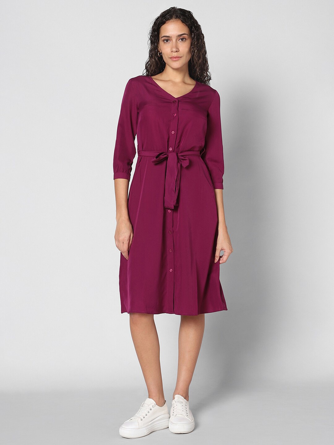 

Pantaloons V-Neck Cuffed Sleeves Tie-Up Detail A-Line Dress, Maroon
