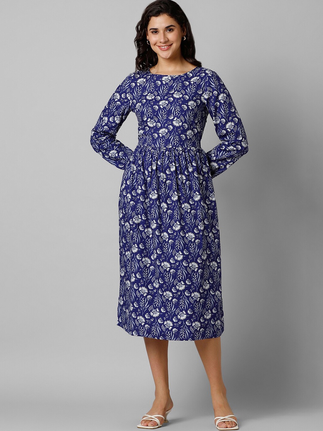 

Pantaloons Floral Printed Fit & Flare Midi Dress, Navy blue