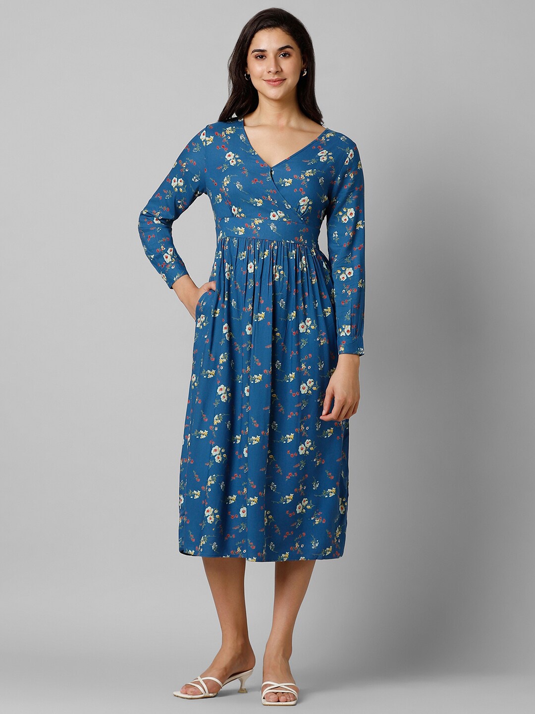 

Pantaloons Floral Printed V-Neck Fit & Flare Midi Dress, Blue