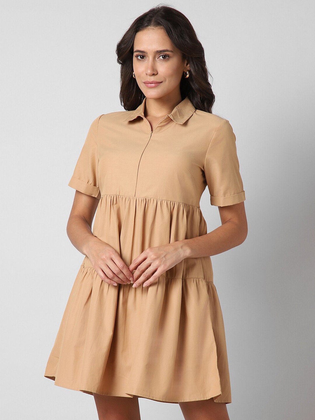 

Pantaloons Tiered Pure Cotton Fit & Flare Dress, Camel brown