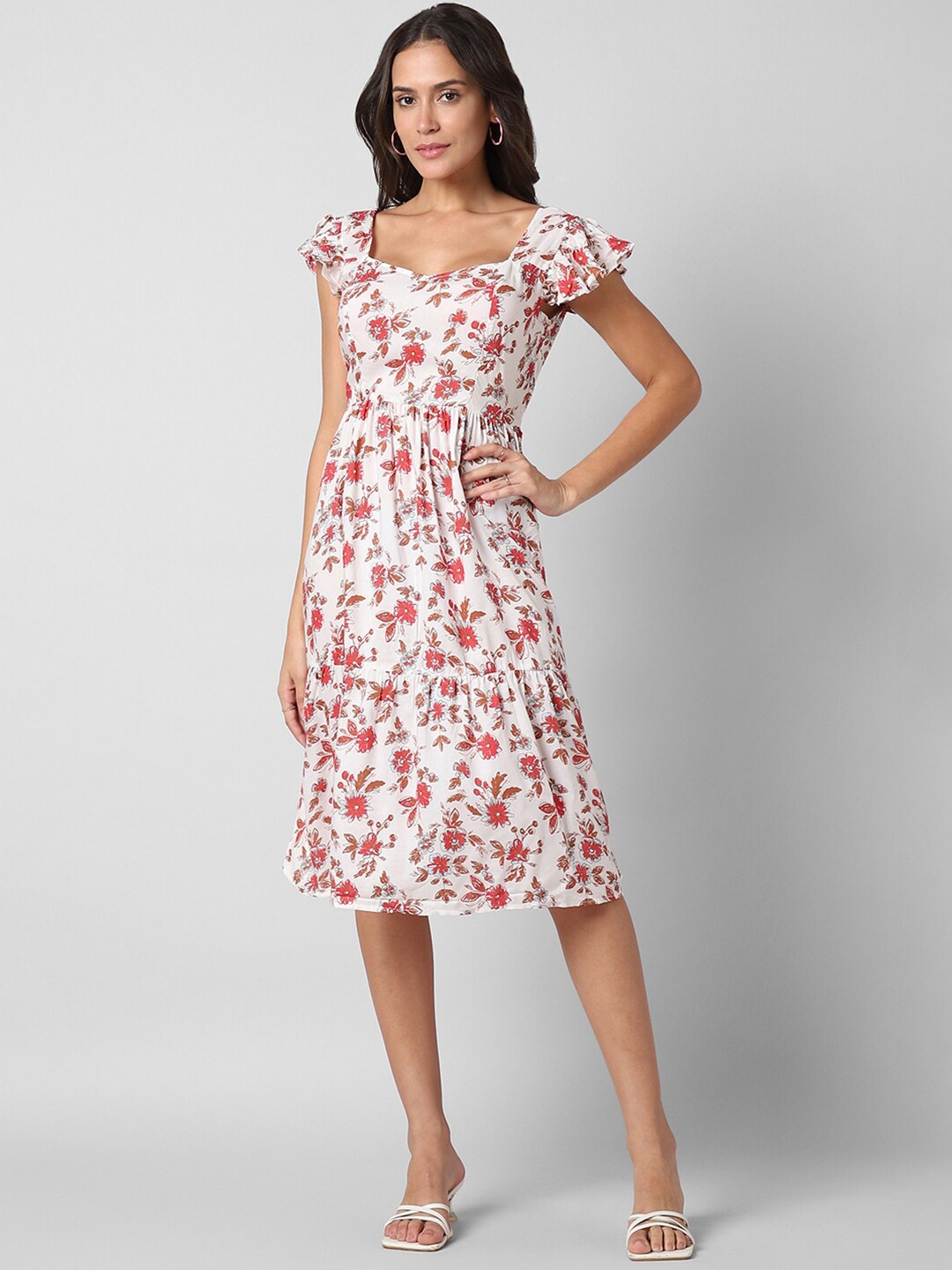 

Pantaloons Floral Printed Sweetheart Neck Flutter Sleeves Fit & Flare Dress, White