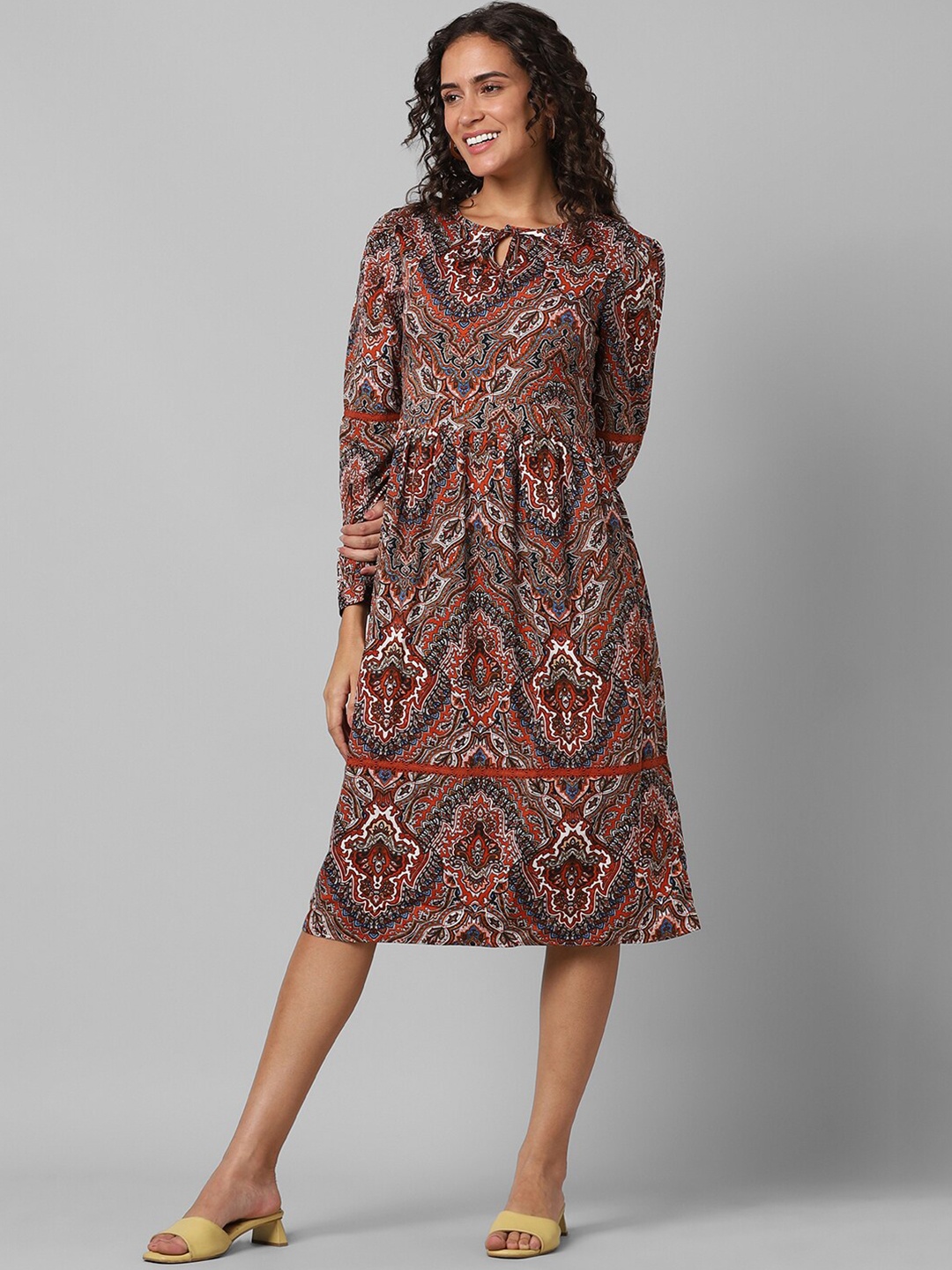 

Pantaloons Ethnic Motifs Printed Tie-Up Neck Fit & Flare Dress, Brown