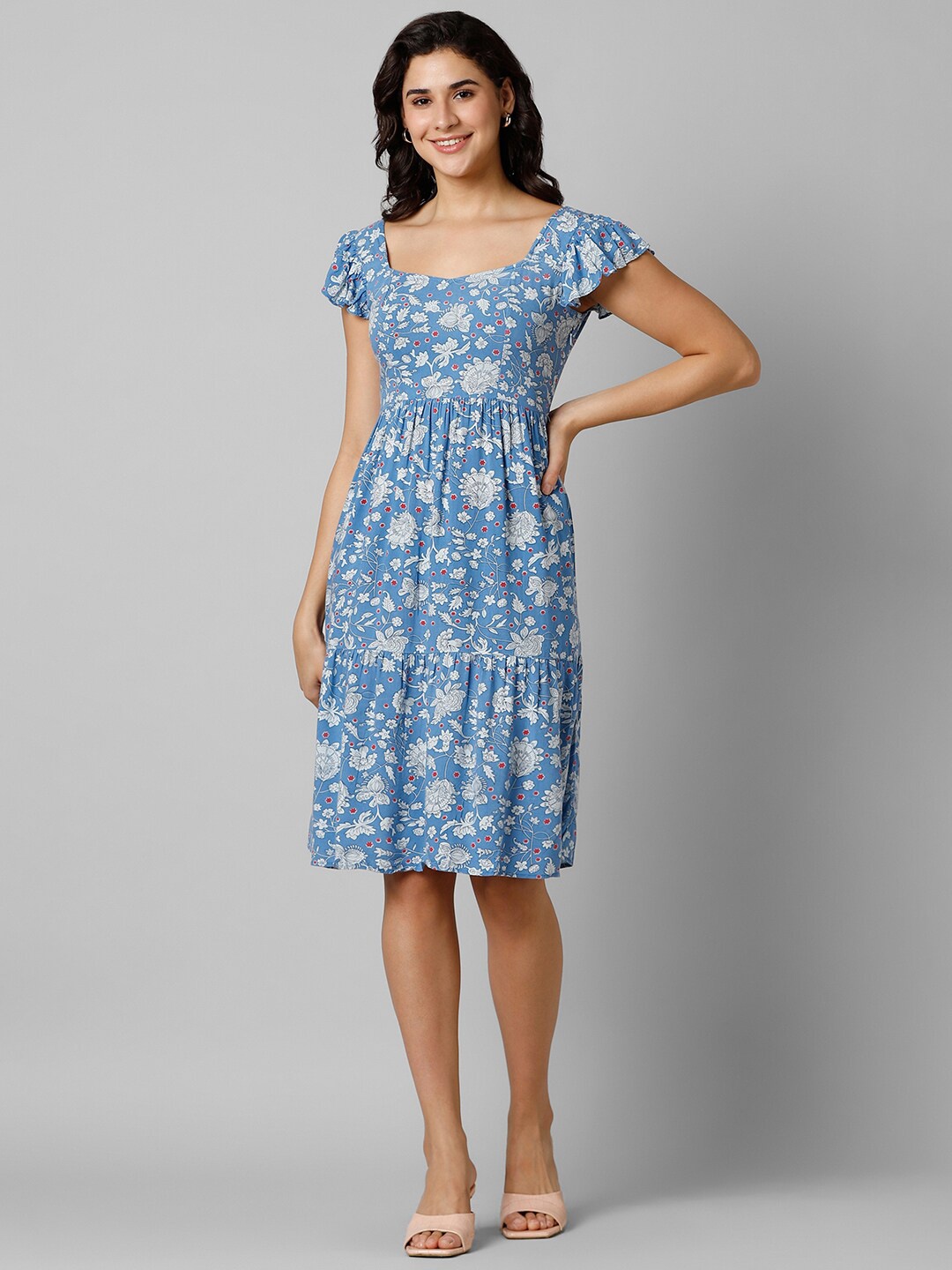 

Pantaloons Square-Neck Floral Printed Flutter Sleeves Tiered A-Line Dress, Blue