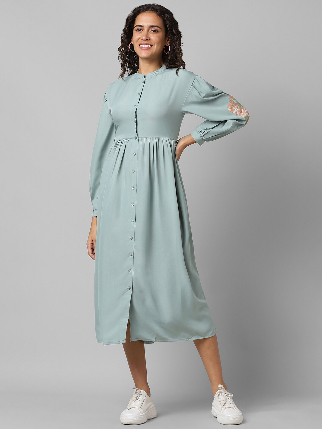 

Pantaloons Mandarin Collar Puff Sleeves Gathered Fit & Flare Midi Dress, Green