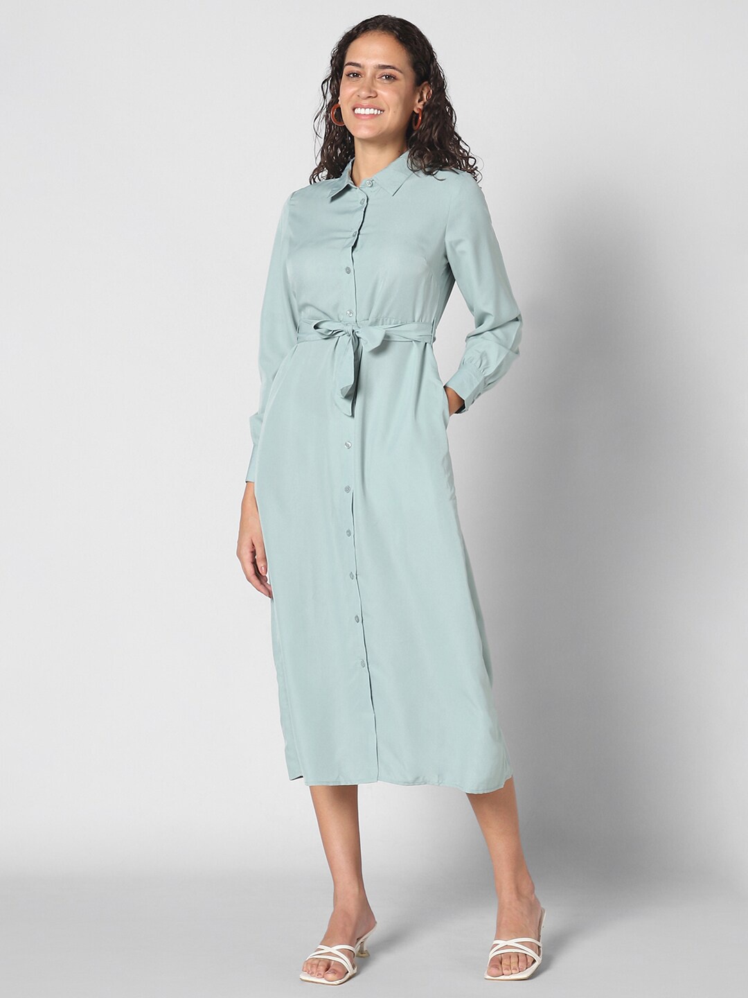 

Pantaloons Shirt Collar Cuffed Sleeves Tie-Ups Detail Shirt Dress, Green