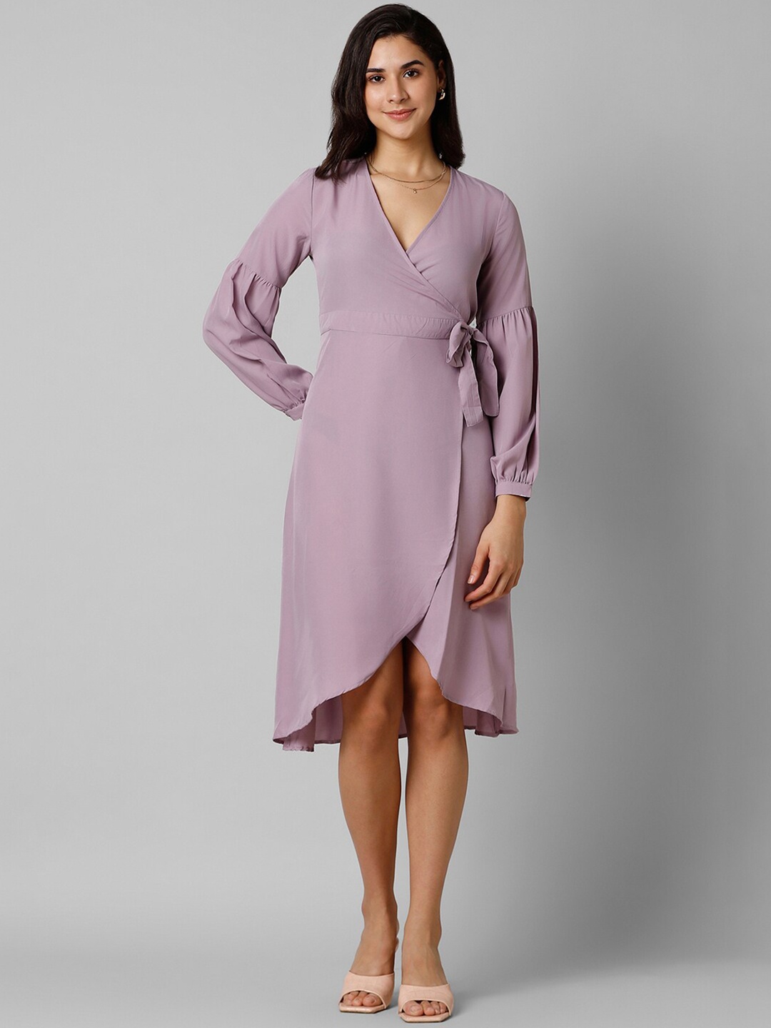 

Pantaloons V-neck Puff Sleeves Tie-ups Tulip Wrap Dress, Purple