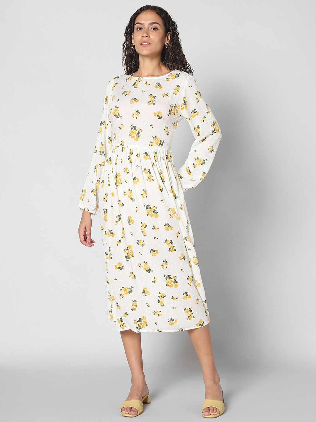

Pantaloons Floral Printed Puff Sleeve Fit & Flare Midi Dress, White