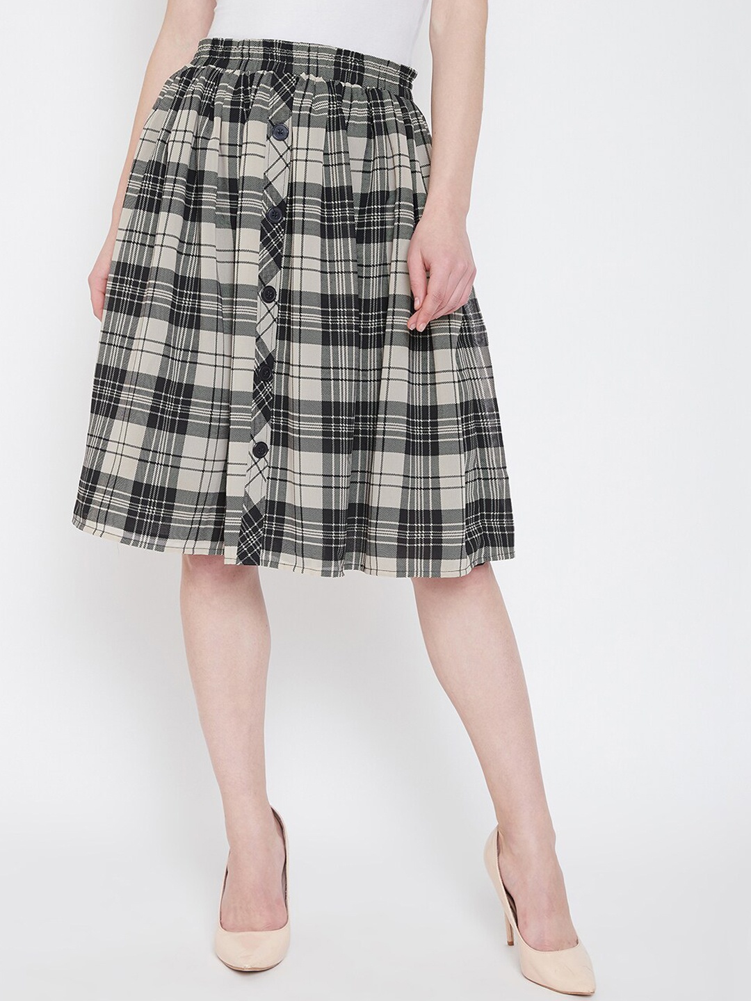 

BAESD Women Checked A-Line Knee Length Skirt, Beige