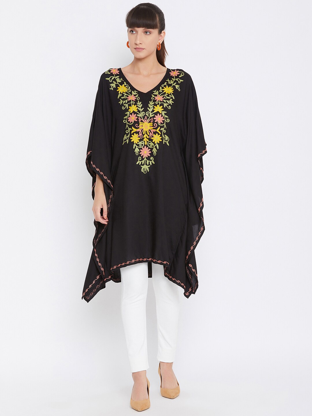 

BAESD Floral Embroidered Flared Sleeves Kaftan Kurta, Black