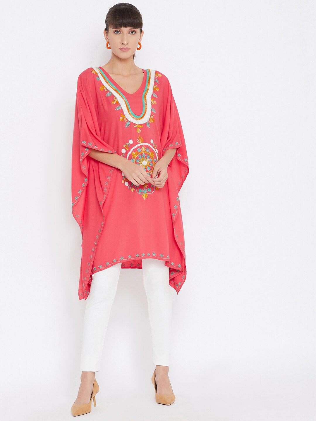 

BAESD Floral Embroidered Flared Sleeves Kaftan Kurta, Pink