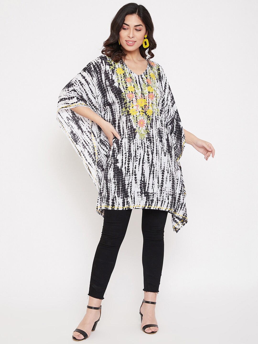 

BAESD Tie & Dye Printed V-Neck Kimono Sleeve Embroidered Kaftan Longline Top, White