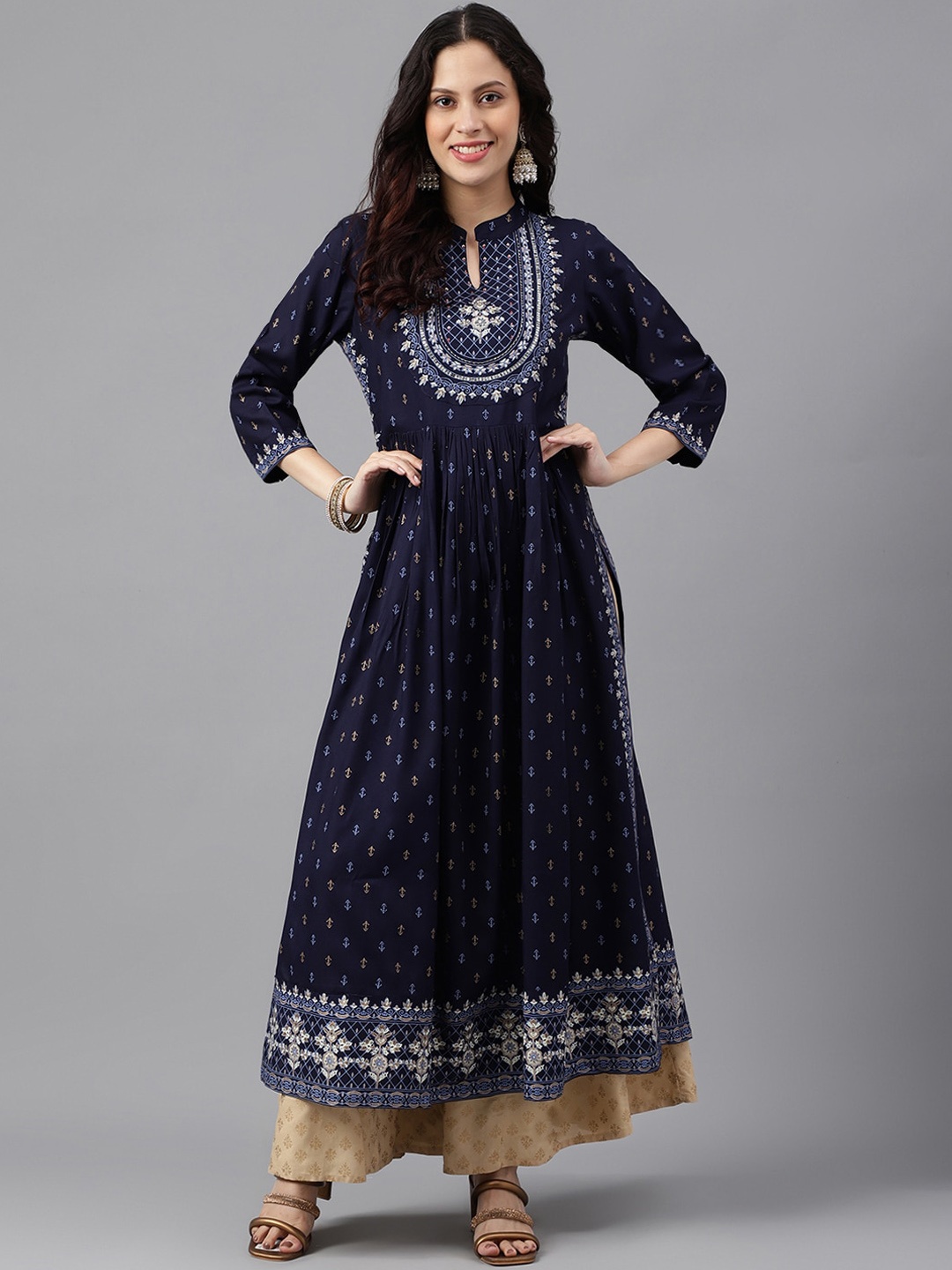 

KALINI Ethnic Motifs Embroidered Mandarin Collar Straight Pleated Kurta, Blue