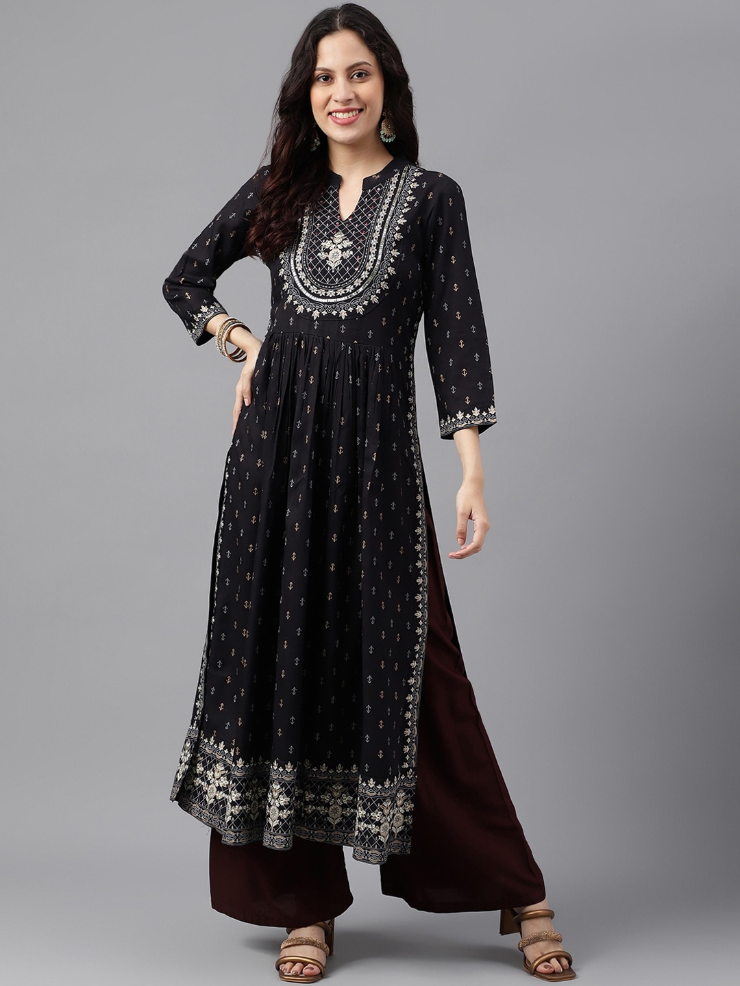 

KALINI Ethnic Motifs Embroidered Mandarin Collar Straight Pleated Kurta, Black