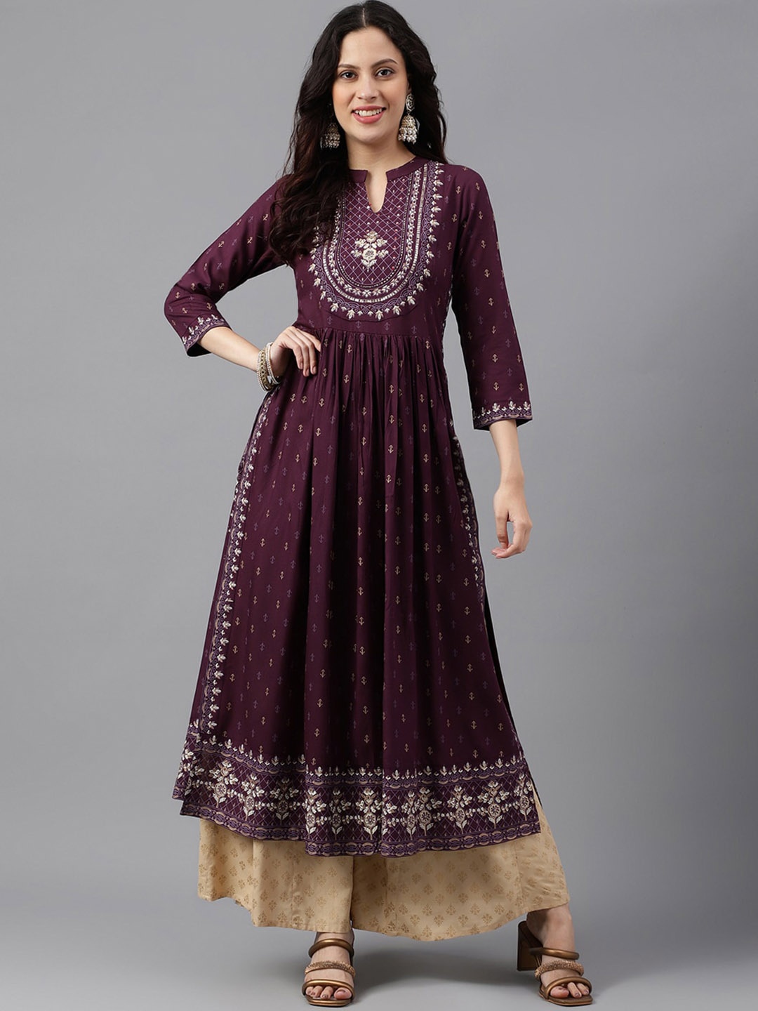 

KALINI Floral Printed Mandarin Collar Pleated A-line Kurta, Purple