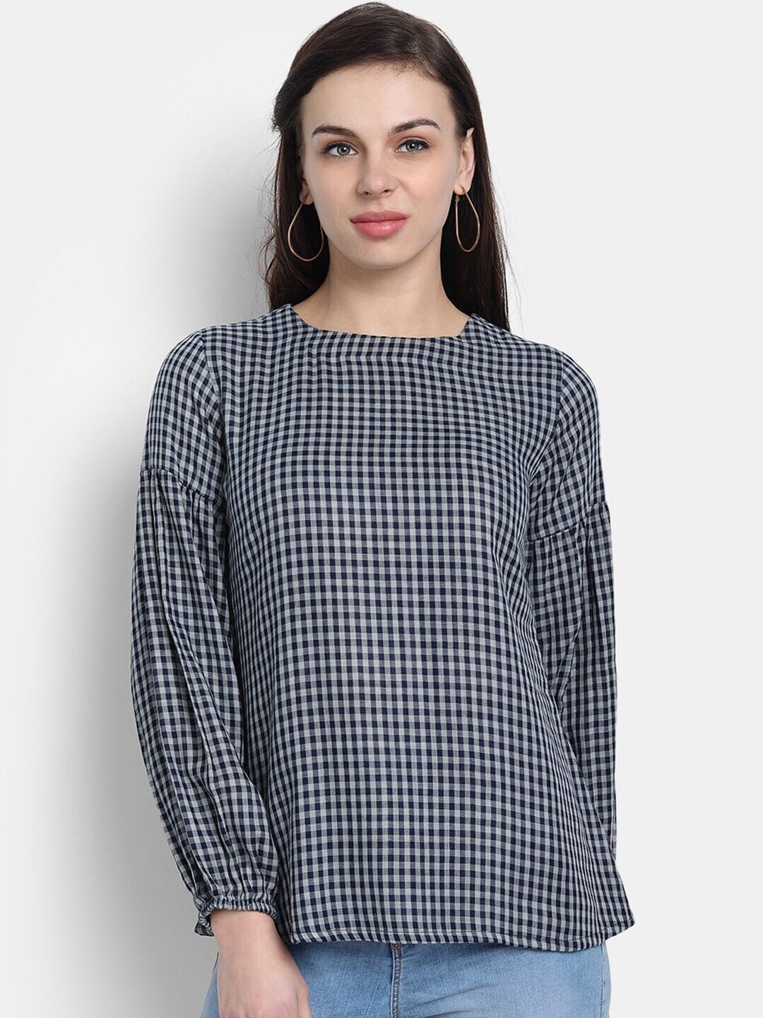 

SUTI Navy Blue Checked Puff Sleeved Top