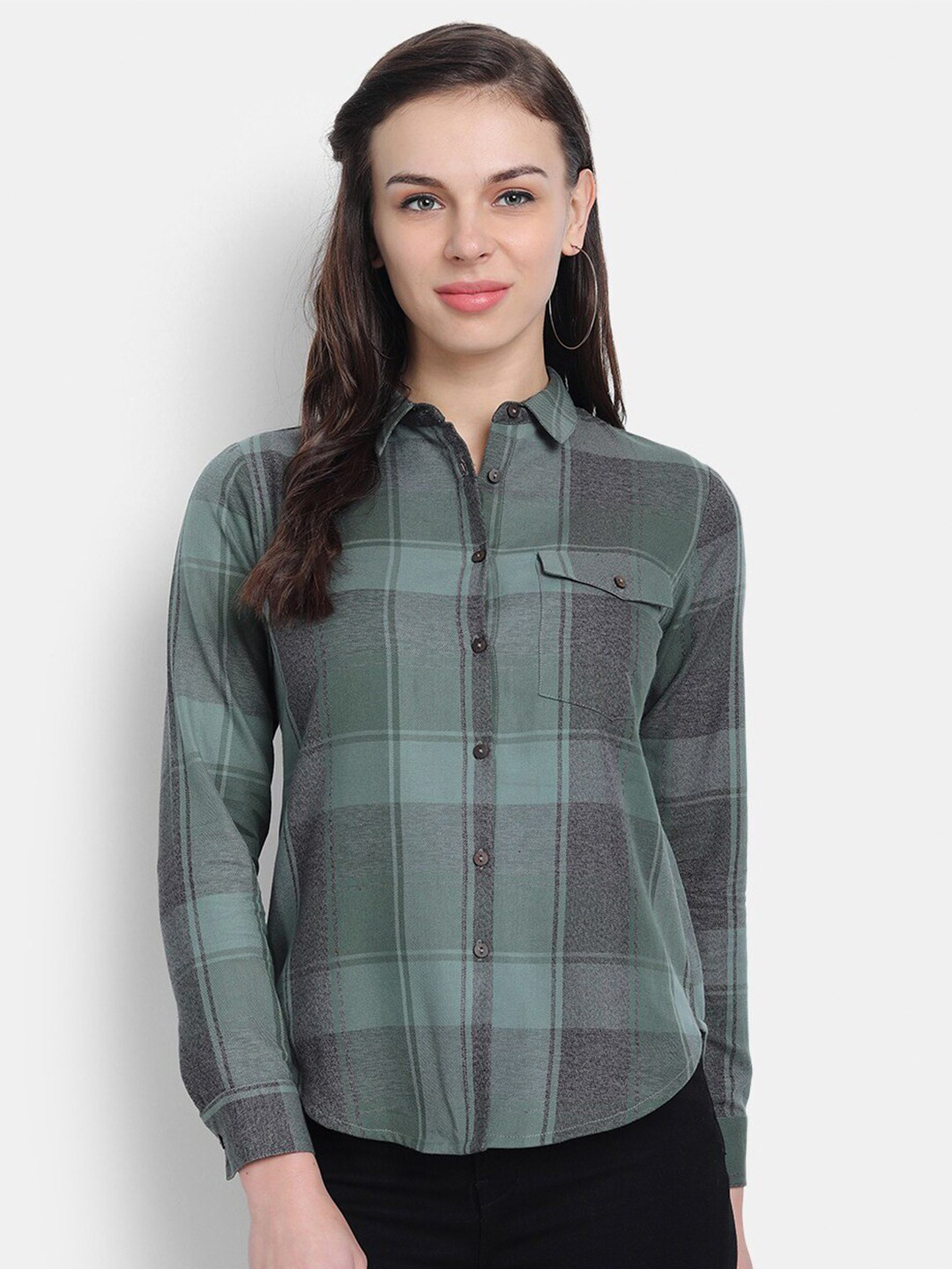 

SUTI Green Checked Pure Cotton Shirt Style Top