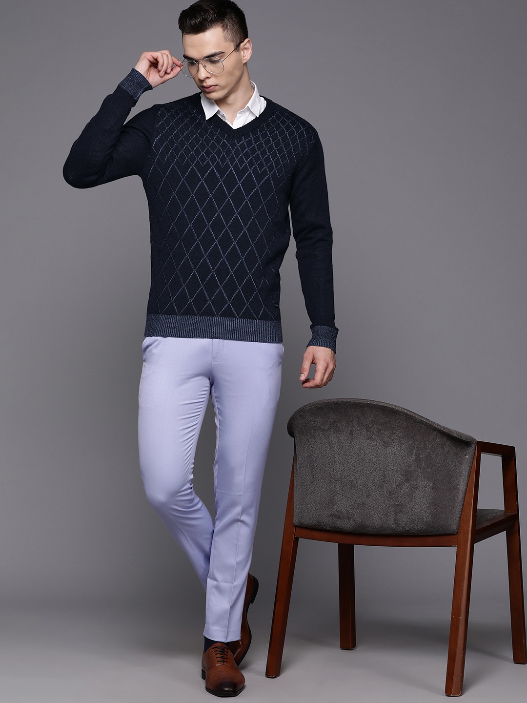 

Raymond Self Design Argyle Pullover, Navy blue
