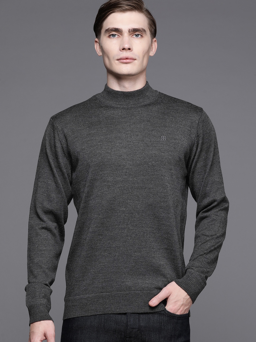 

Raymond Men Solid High Neck Pullover, Charcoal