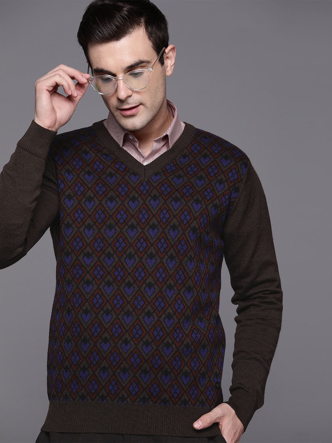 

Raymond Self Design Argyle Pullover, Brown