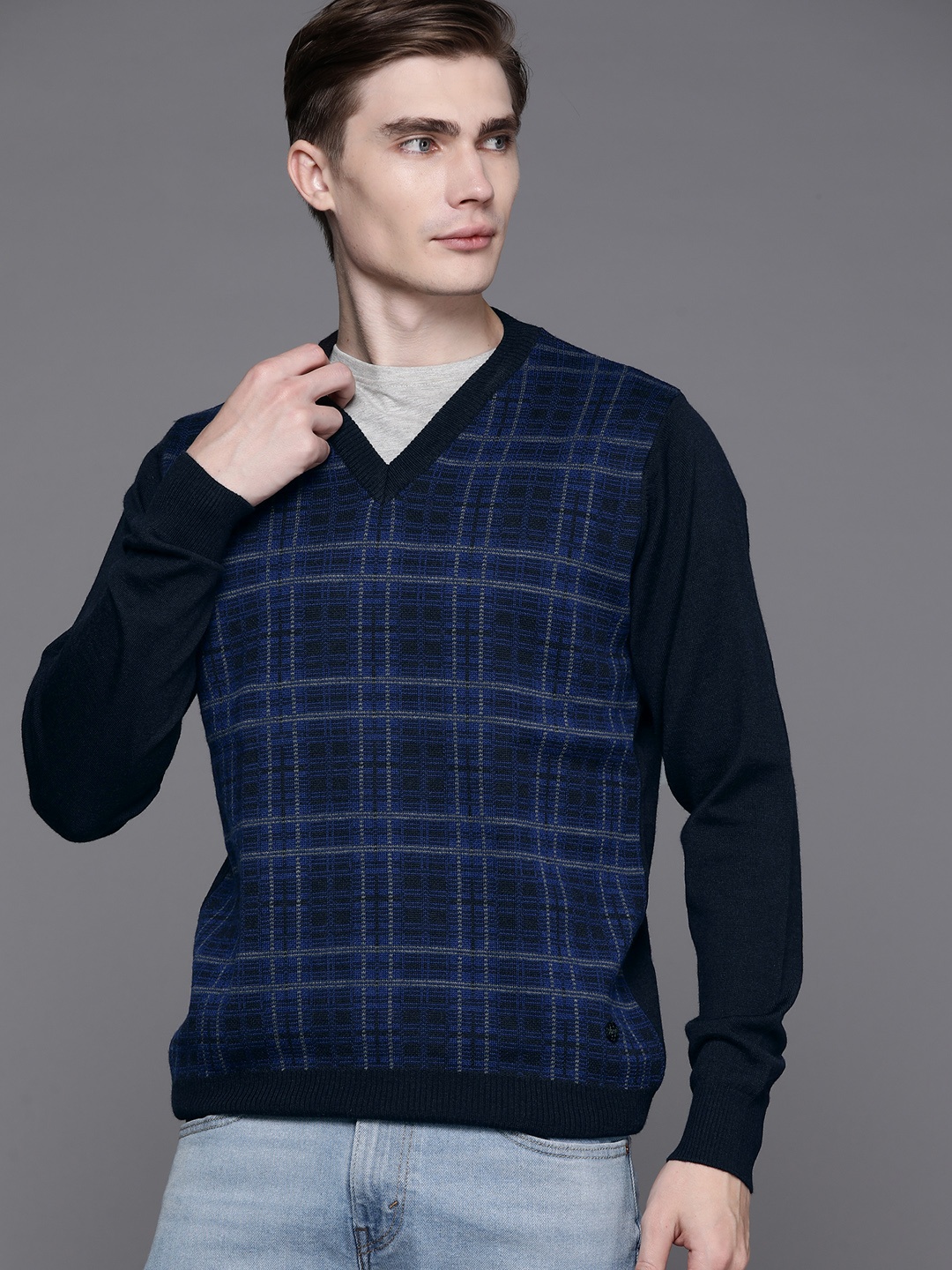 

Raymond Men Self Checked Pullover, Navy blue