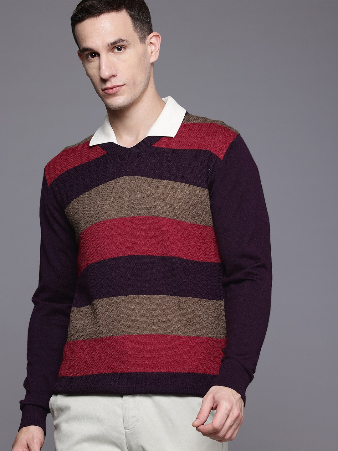 

Raymond Striped V-Neck Pullover, Violet