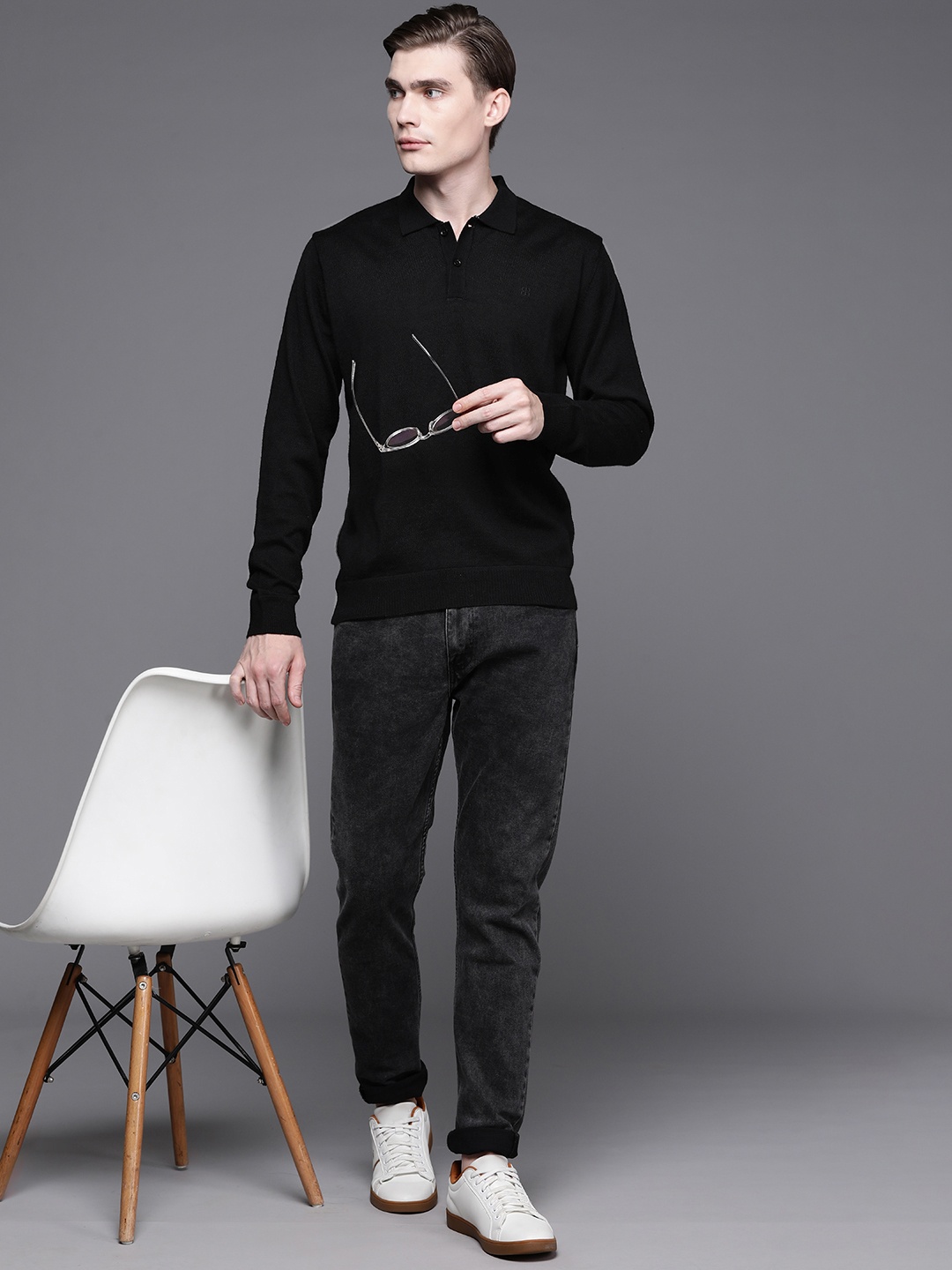 

Raymond Men Solid Polo Collar Pullover, Black