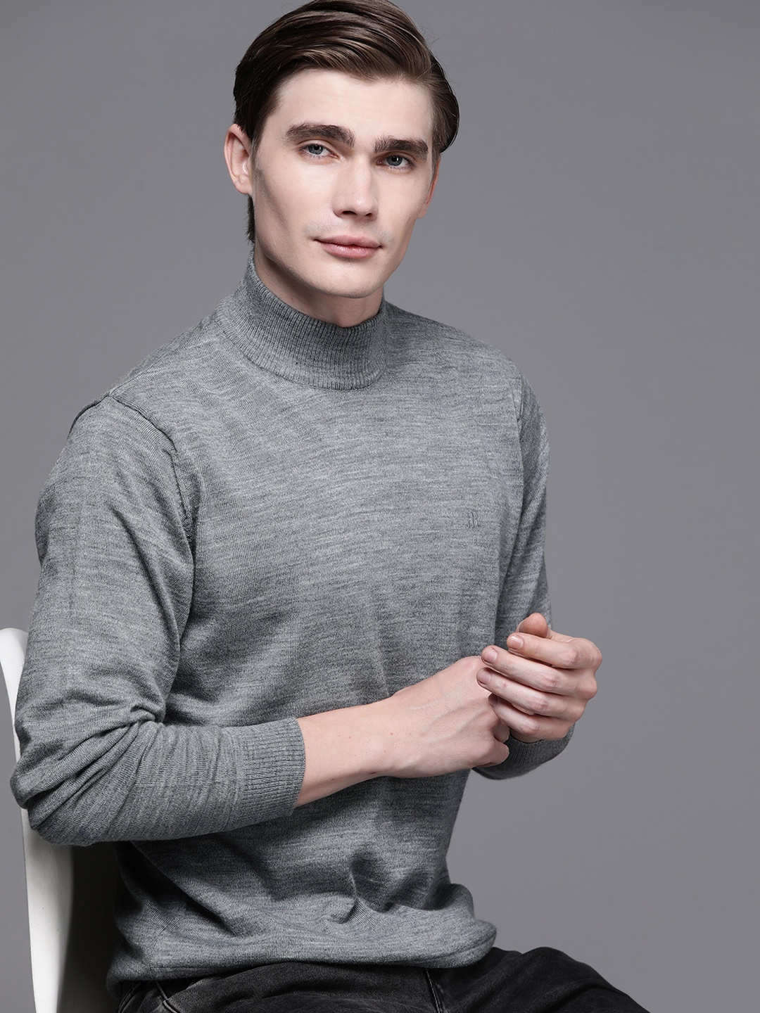 

Raymond Men Solid High Neck Pullover, Grey