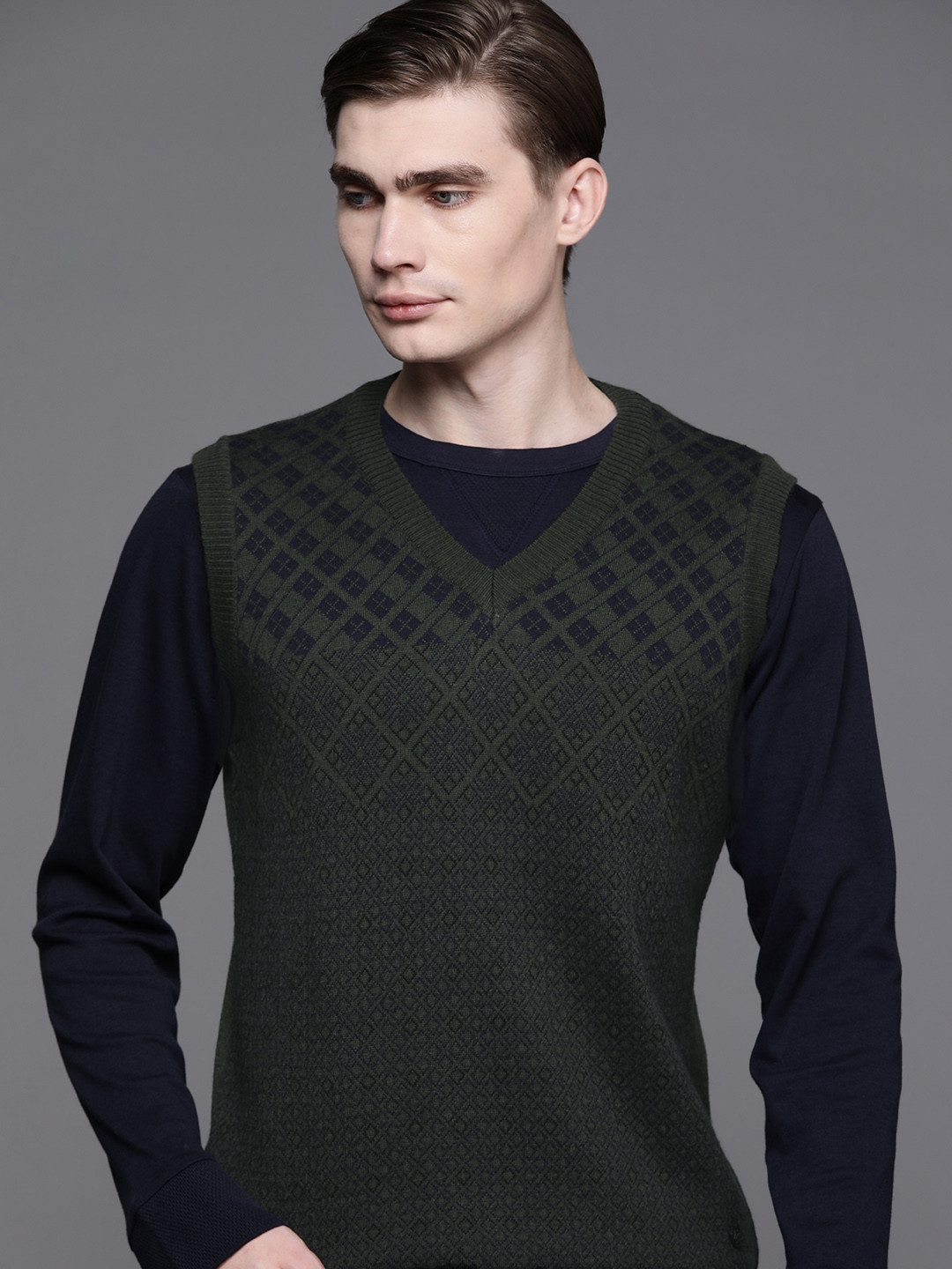 

Raymond Men Self Design Sweater Vest, Olive
