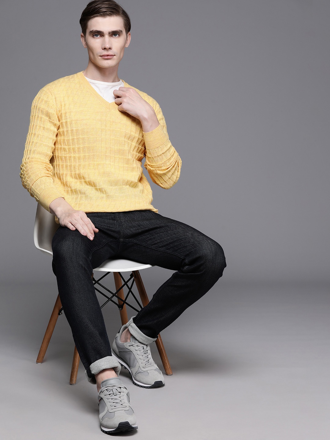 

Raymond Men Self Design Pullover, Yellow