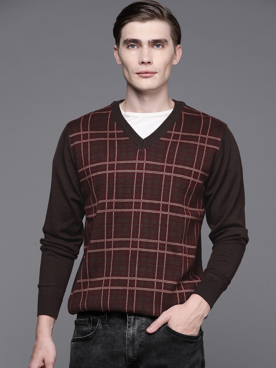 

Raymond Men Self Checked Pullover, Brown